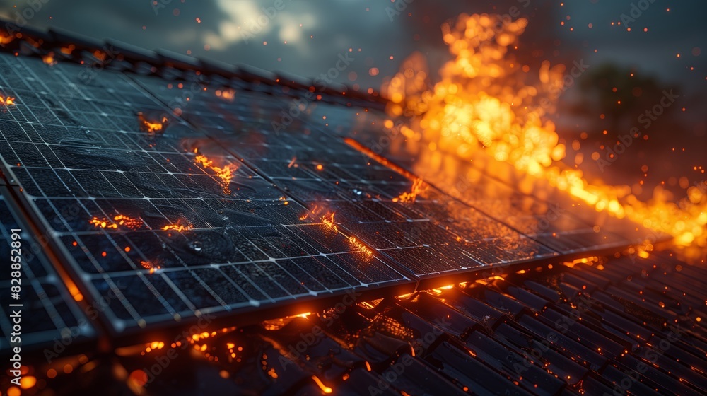 Solar panels on a roof engulfed in flames during sunset. Solar panels on a roof engulfed in flames during sunset.