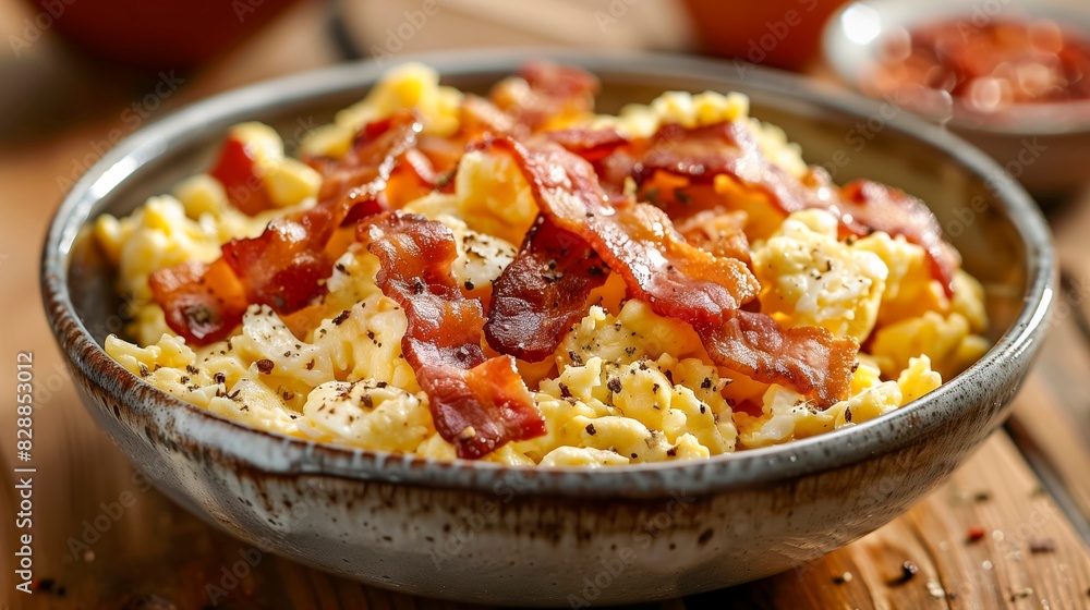 Scrambled Eggs with Crispy Bacon in Bowl Scrambled Eggs with Crispy Bacon in Bowl