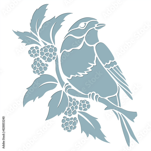 Stencil of a bird on a branch with berry lines, laser cutting