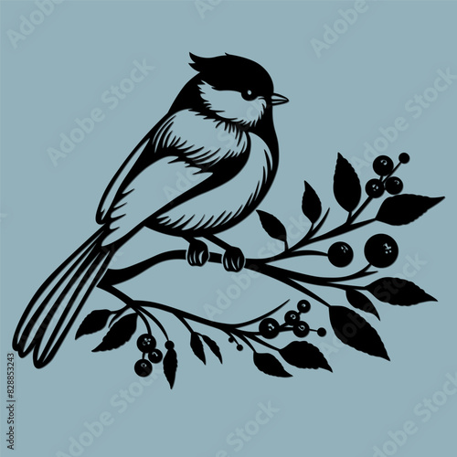 Beautiful illustration of a bird on a branch, beautiful lines, laser cutting