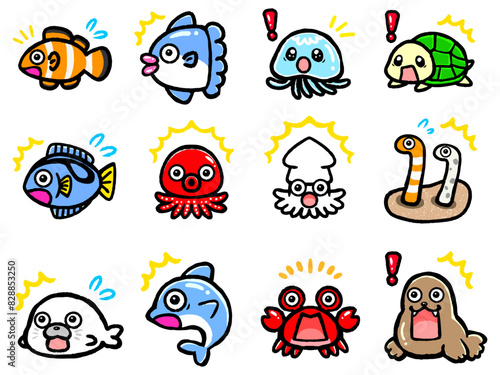 びっくりするかわいい水族館の生き物のアイコン素材セット