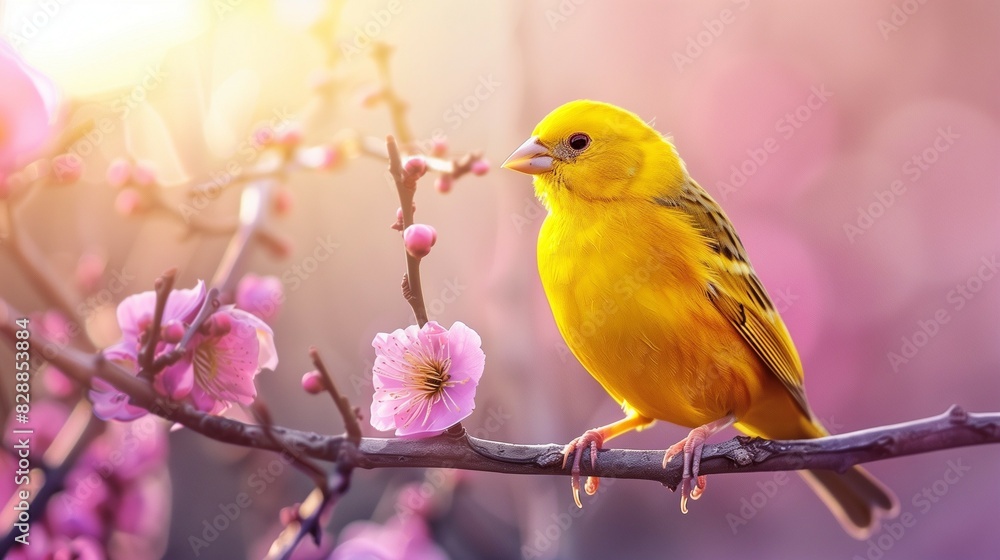 Yellow canary bird sitting on a branch