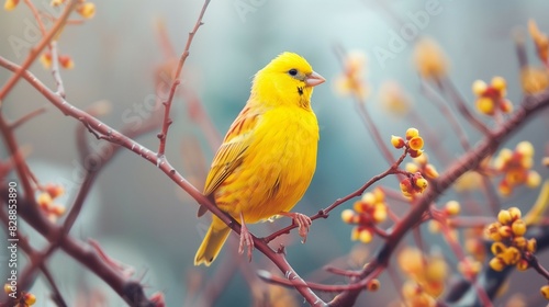 Yellow canary bird sitting on a branch photo