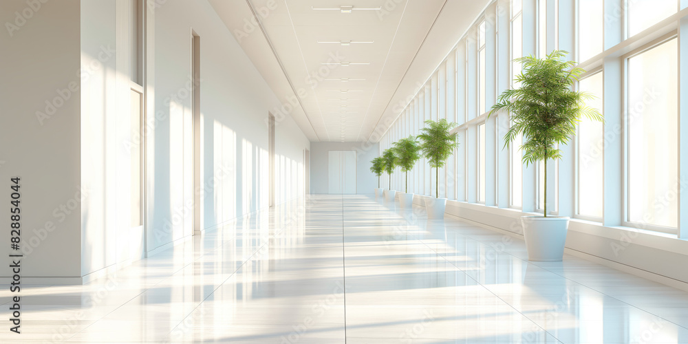Fototapeta premium A long, bright corridor featuring large windows on one side, through which sunlight pours in. Potted green plants line the hallway, creating a serene atmosphere.