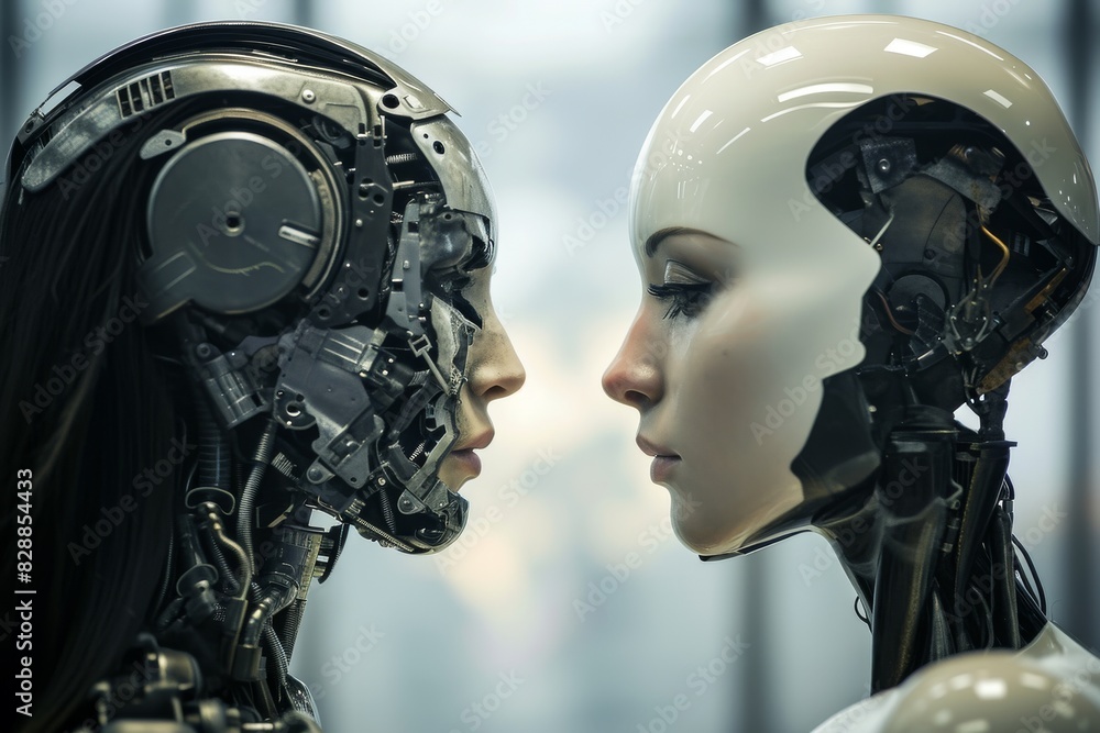 Fototapeta premium Human and robot talking to each other face to face, AI-generated