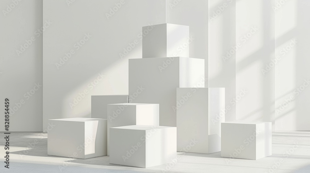 Minimalist white cubic structures displayed in a bright, sunlit room casting soft shadows, ideal for modern design and abstract art inspiration. Minimalist white cubic structures displayed in a bright, sunlit room casting soft shadows, ideal for modern design and abstract art inspiration.