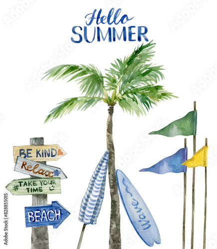 Watercolor hand drawn summer coastal resort elements design with swimsuit, sun umbrella, palm leaves, surf, cocktail, exotic flowers,sunglasses, flip-flops, shells, book.
