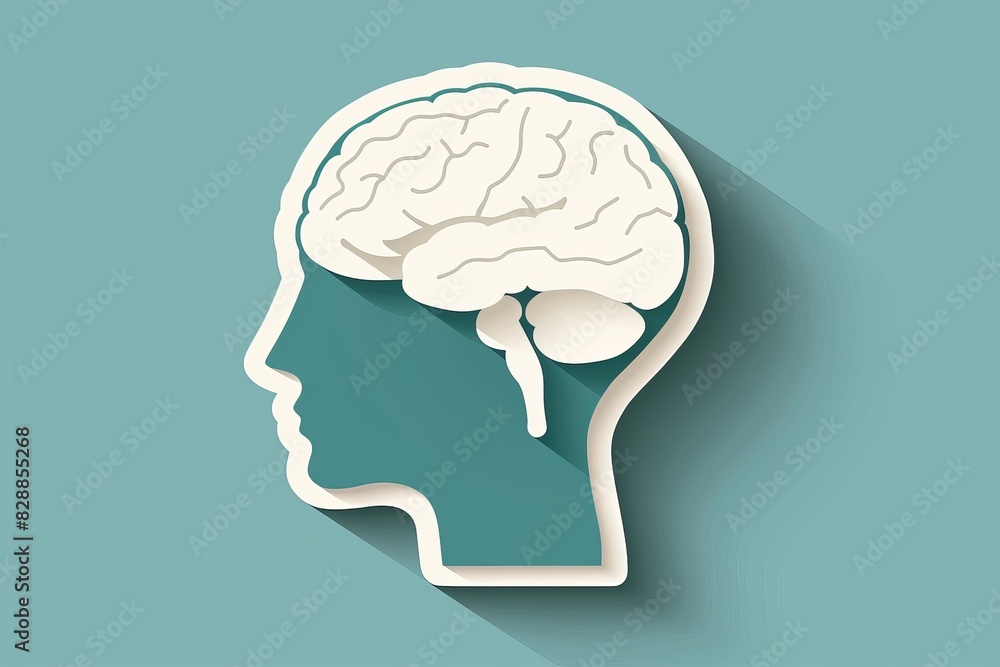 © Leo Rohmann - Minimalist brain and head outline on teal background, highlighting mental health and cognitive processes