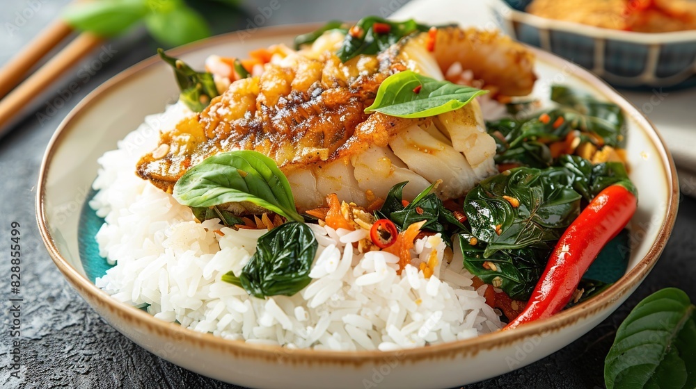 stir fried fried fish with basil and chili in thai style topped on rice. Generative Ai stir fried fried fish with basil and chili in thai style topped on rice. Generative Ai