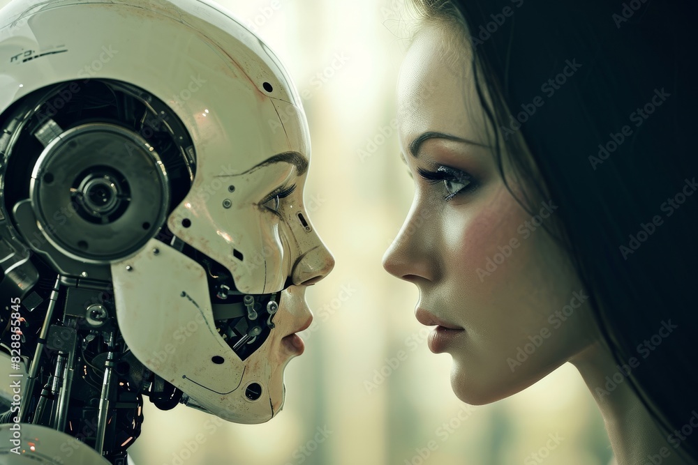 Human and robot talking to each other face to face, AI-generated Human and robot talking to each other face to face, AI-generated