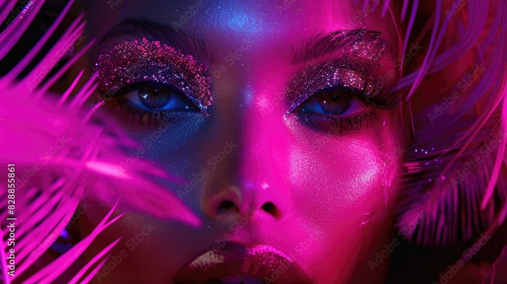 Woman With Bright Makeup and Feathers on Her Face Woman With Bright Makeup and Feathers on Her Face