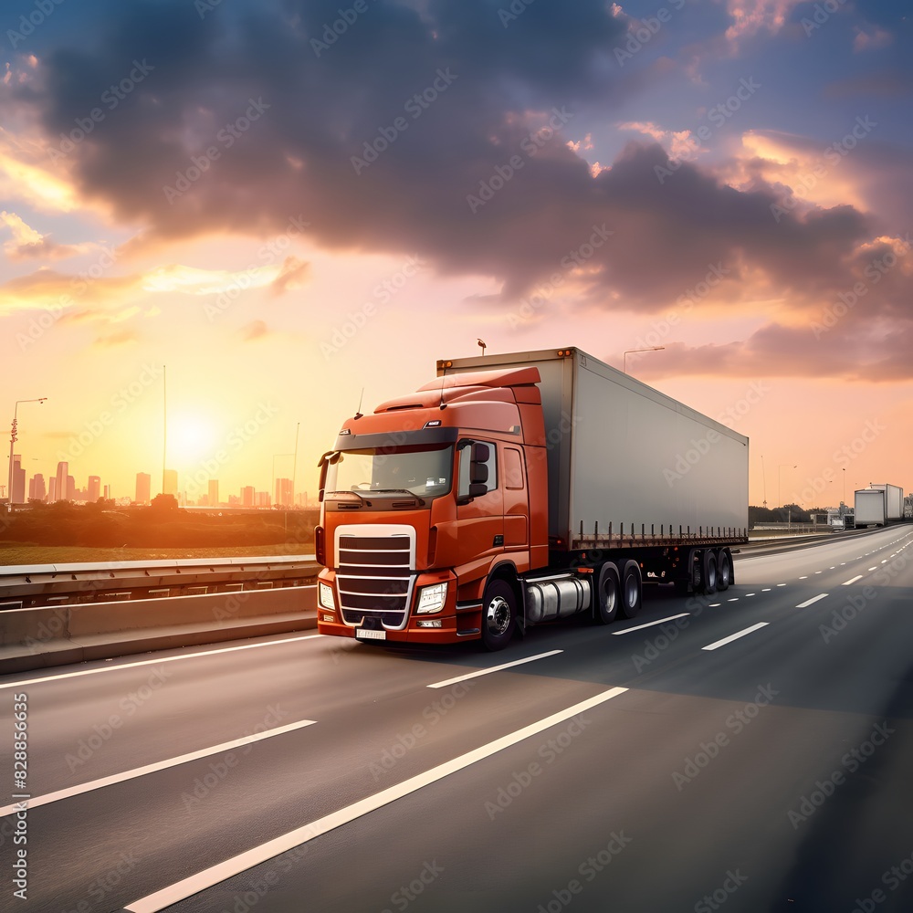 Truck with a trailer driving on a highway. Cargo transportation. Generative AI. Truck with a trailer driving on a highway. Cargo transportation. Generative AI.