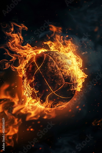 volleyball with flames around it floating on dark background