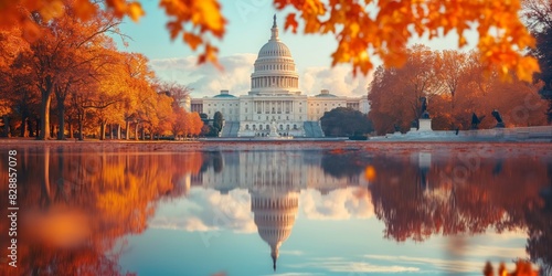 Fototapeta Naklejka Na Ścianę i Meble -  The United States Capitol reflecting on the water, framed by vibrant autumn leaves under a clear blue sky