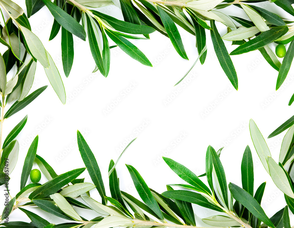 Fototapeta premium Horizontal rectangular frame with olive branches going towards the center, on a white background, copy space