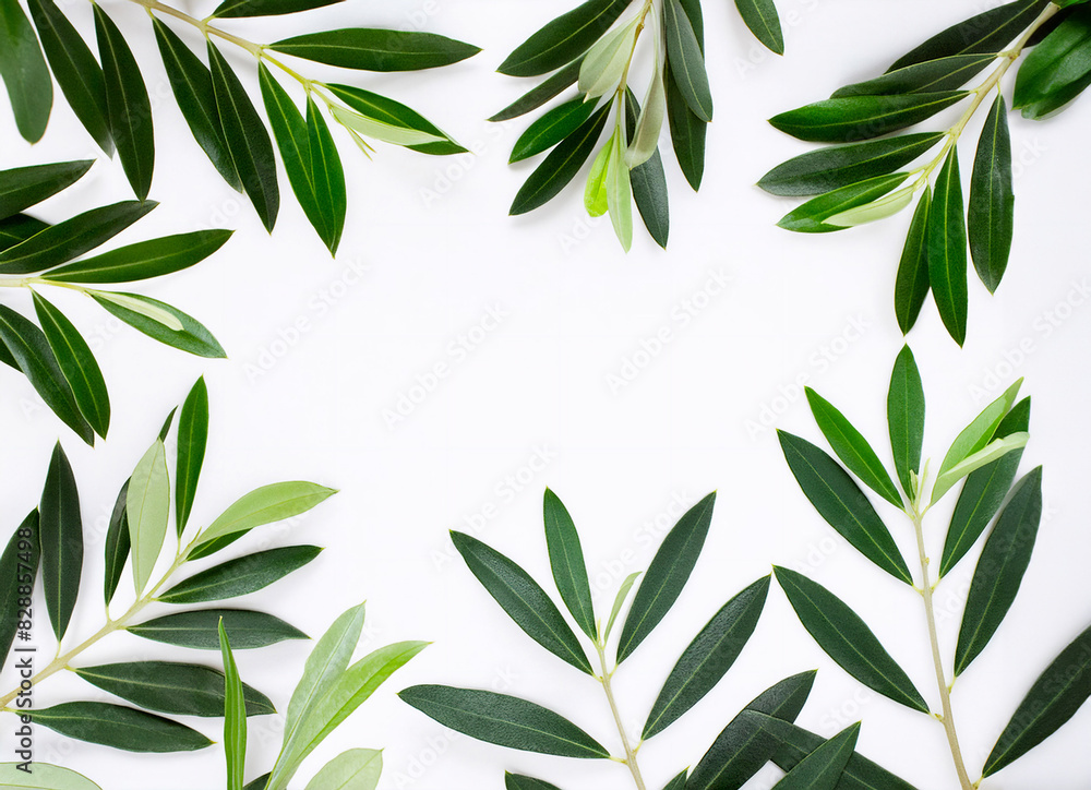 rectangular frame with olive branches going towards the center, on a white background, copy space rectangular frame with olive branches going towards the center, on a white background, copy space