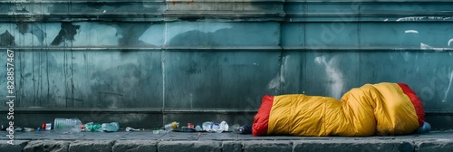 A homeless individual is wrapped in a sleeping bag on an urban sidewalk among scattered waste