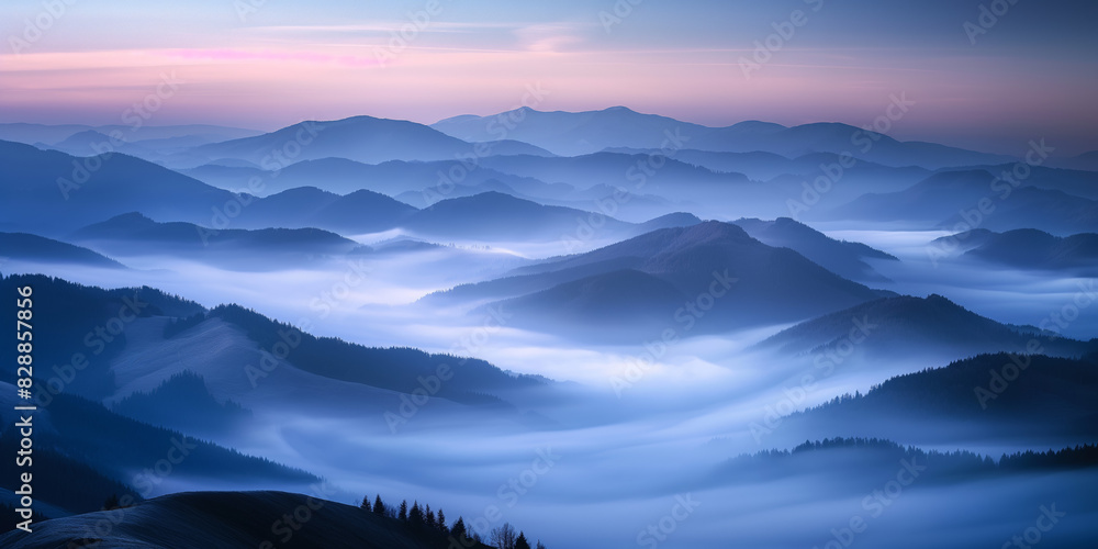 Obraz premium A mesmerizing dawn scene depicting fog rolling over serene mountain ranges, crafting a dreamlike panorama of smooth, undulating peaks and soft hues, embodying tranquility and awe.