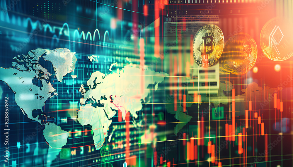 Obraz premium Money exchange. Multiple exposure with dollar banknotes, coins, digital world map and graphs