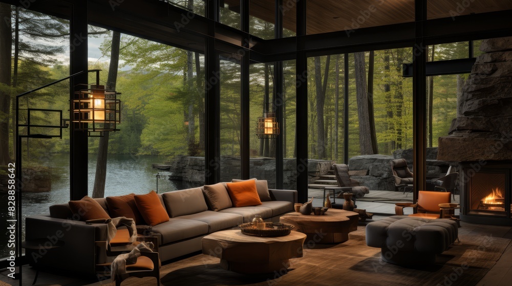 Fototapeta premium Rustic cabin lounge with midcentury flair and scenic nature view, ideal for relaxation