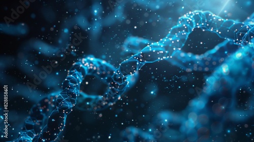 Close-up of blue glowing DNA strands against a dark background, representing genetics and molecular biology. High-quality science stock photo.