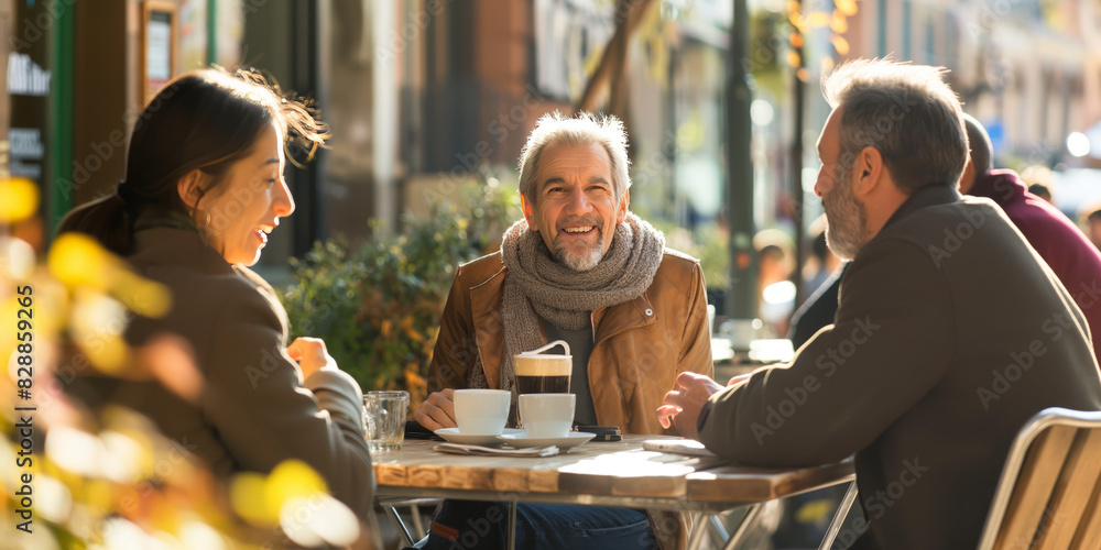 Three people, two men and one woman, enjoying coffee and chatting outside during the daytime, with warm sunlight enhancing the pleasant environment. Three people, two men and one woman, enjoying coffee and chatting outside during the daytime, with warm sunlight enhancing the pleasant environment.