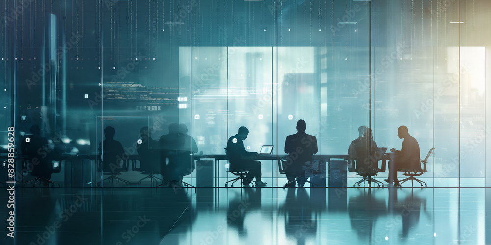 The image shows a business meeting with multiple participants seen as silhouettes, in a modern, sleek office space, representing corporate discussions, strategies, and teamwork. The image shows a business meeting with multiple participants seen as silhouettes, in a modern, sleek office space, representing corporate discussions, strategies, and teamwork.