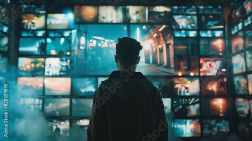 Man surrounded by multiple TV screens, video wall showcasing variety of video content