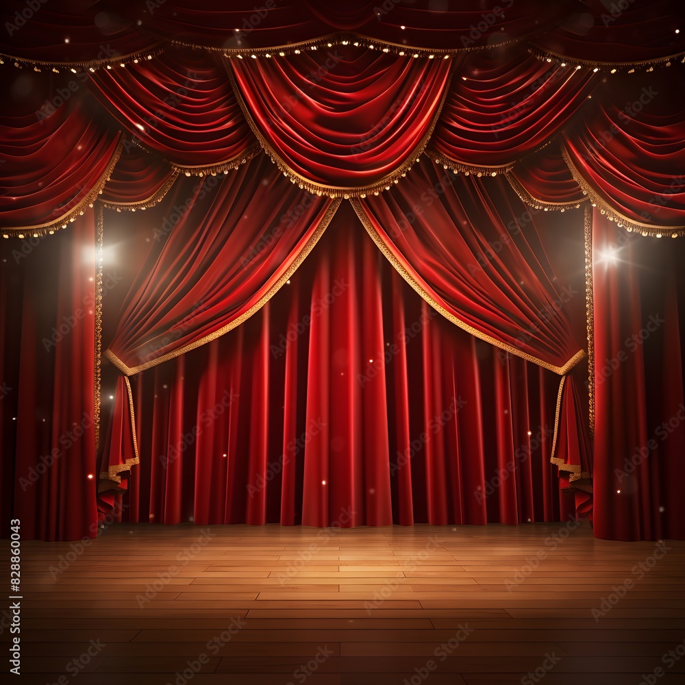 Fototapeta premium Theater or cinema background. Red stage curtain with spotlight and wooden floor. Generative AI.