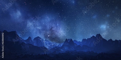 Majestic night sky filled with stars over a rugged mountainous landscape photo
