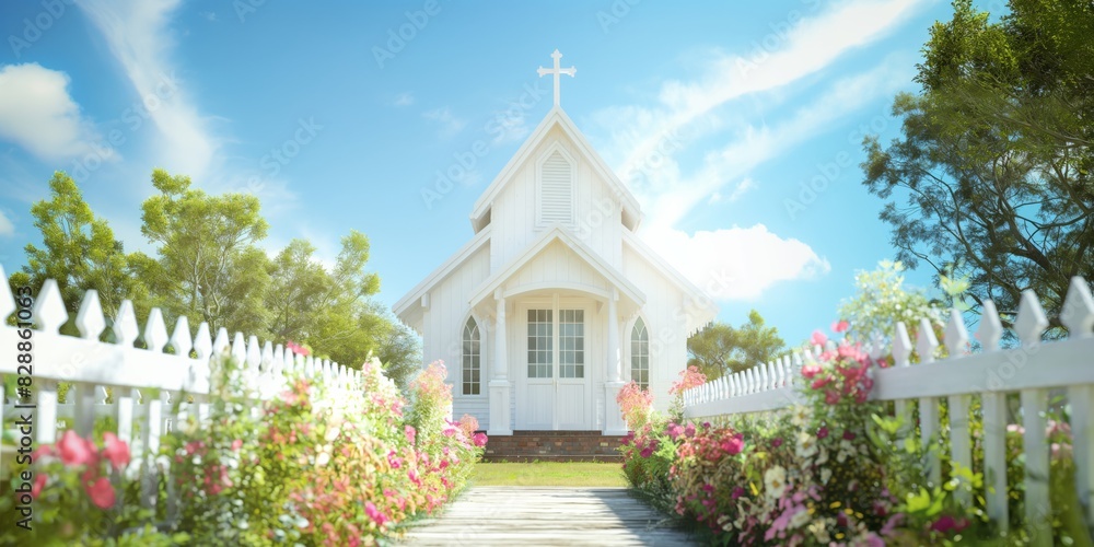 Fototapeta premium A picturesque white church at the end of a flower-lined pathway with a clear blue sky