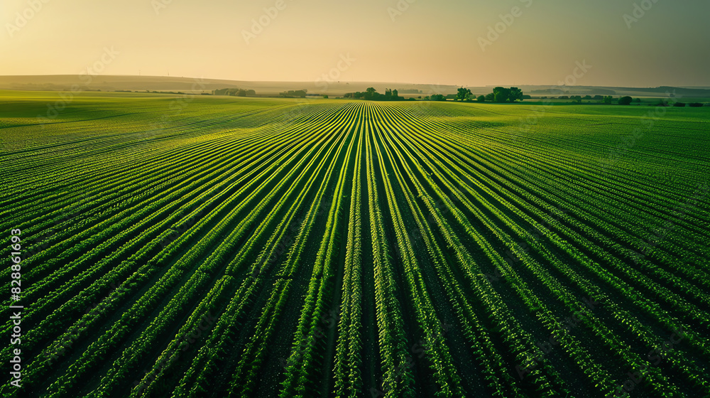Aerial view of a flat farmland with perfectly aligned crops, showcasing agricultural efficiency and natural beautyai Aerial view of a flat farmland with perfectly aligned crops, showcasing agricultural efficiency and natural beautyai