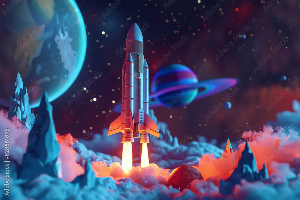 Naklejka premium Dynamic animation of a space exploration scene with rockets, planets, and stars, highlighting adventure and scientific discoveryai