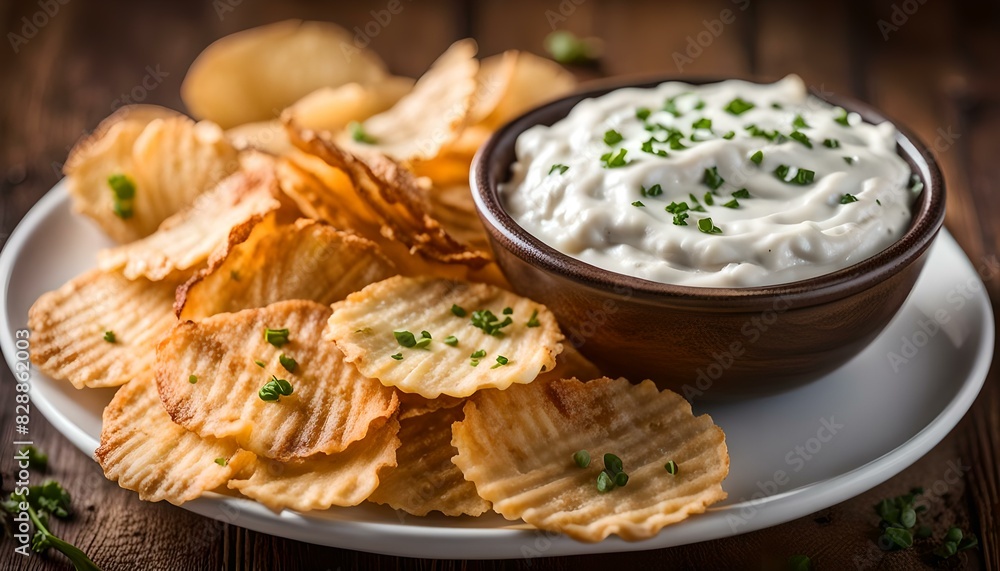 Crispy Crinkle Potato Chips and French Onion Dip on a Plate, side view. Close-up.
Crispy Crinkle Potato Chips and French Onion Dip on a Plate, side view. Close-up.