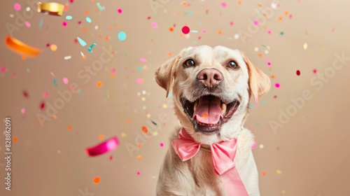 happy dog with a bow on a beige background with confetti