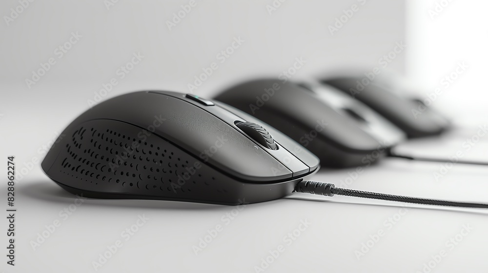 A set of wired computer mice with scroll wheels, front view, against a clean white background A set of wired computer mice with scroll wheels, front view, against a clean white background
