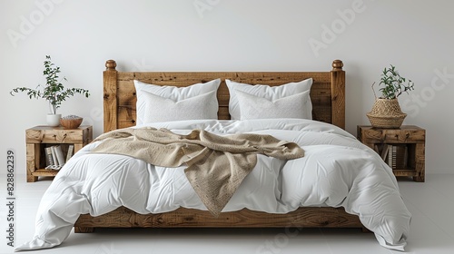 A luxurious kingsize bed with crisp white linens and fluffy pillows, front view, on a clean white backdrop