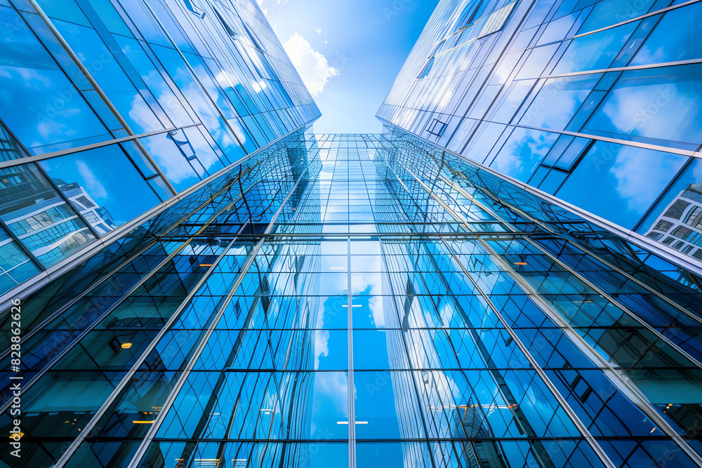 Modern glass facade of a corporate skyscraper reflecting the surrounding cityscape and blue sky, ideal for urban themesai Modern glass facade of a corporate skyscraper reflecting the surrounding cityscape and blue sky, ideal for urban themesai