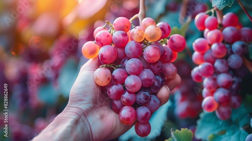 Closeup of a hand holding a cluster of ripe grapes against a pastel grapevine background, celebrating the harvest season with sweet indulgence