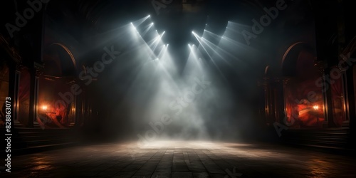 Creating an Atmosphere for an Opera Performance: Dark Stage with Spotlights, Fog, and Bright Colors. Concept Opera Performance, Dark Stage, Spotlights, Fog, Bright Colors