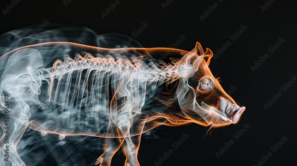 X-ray film of pig lateral view closed up in head and half body ...