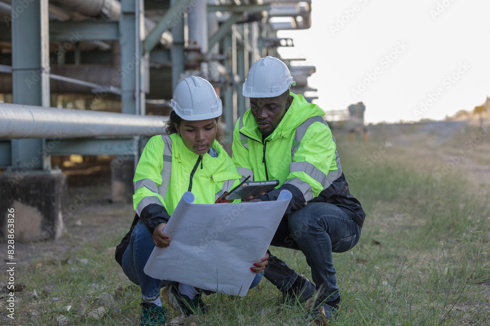 Engineer survey team  checking construction project  inspection work construction site .Team Civil engineer working outdoor next to the power plant.