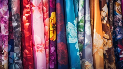Floral patterns on fabrics  a spectrum of colors and designs selective focus Theme Diversity Surreal Double exposure Fabric store