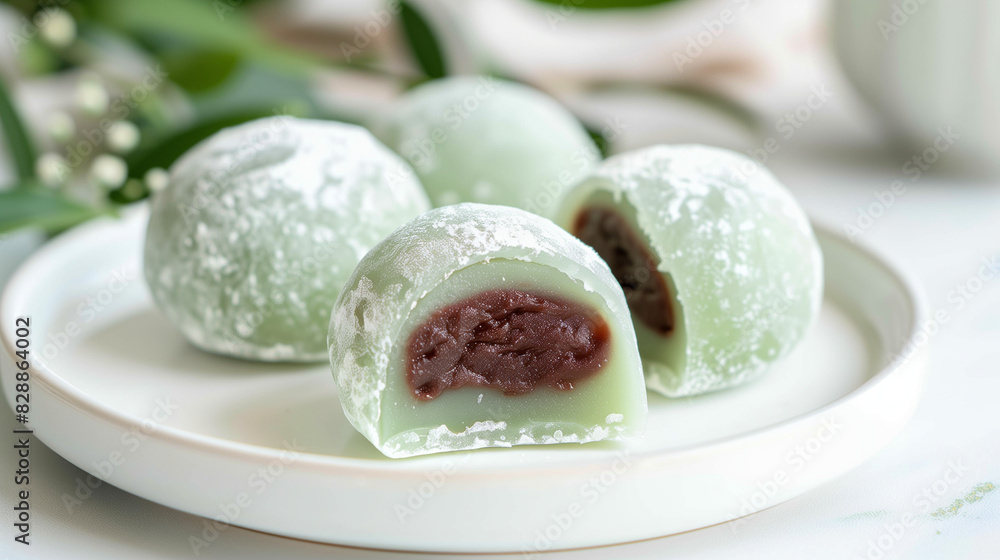 green mochi with sweet red bean paste filling green mochi with sweet red bean paste filling
