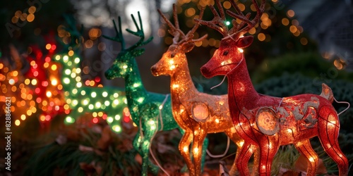 Festive reindeer figures glowing with colorful lights against a backdrop of holiday decorations