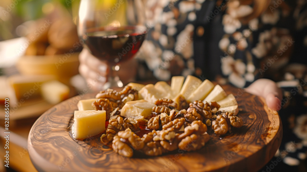 A woman is holding a plate of cheese and nuts alongside a glass of wine