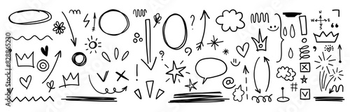 Scribble checkmark doodle comic set heart, arrow, highlight underline text vector cute minimalist simple illustration.