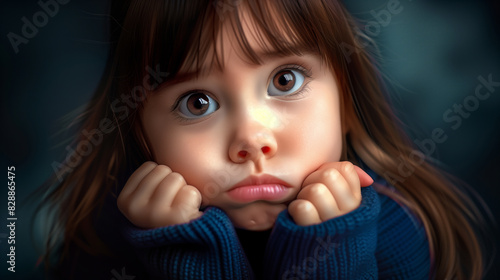 A young girl with brown hair and brown eyes is looking down at her hands. She is wearing a blue sweater and she is sad or upset. a magazine cover, a little girl of 5 years old, wearing sweater