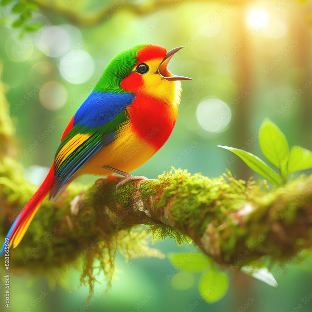 Fototapeta premium Bright exotic bird in a tropical garden, sunlight