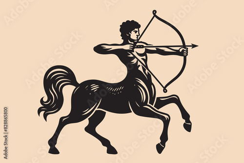 Ancient Greek mythical centaur with bow and arrow. Vintage retro engraving illustration. Black icon, logo, label. isolated element.